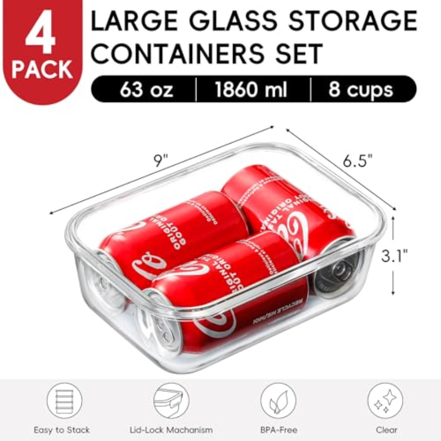 4 Pack 8 Cups/ 63oz Large Glas - огляд і ціна Storage Food Prep
